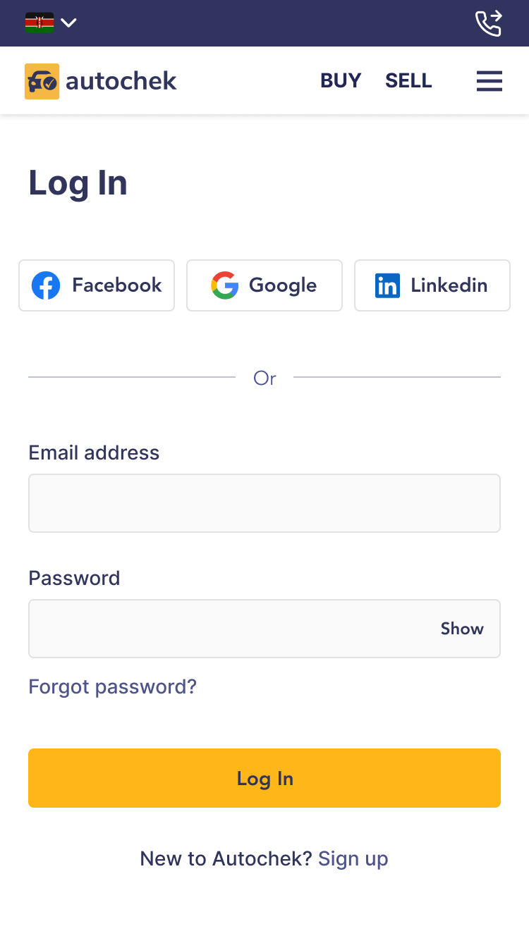 Log in screen